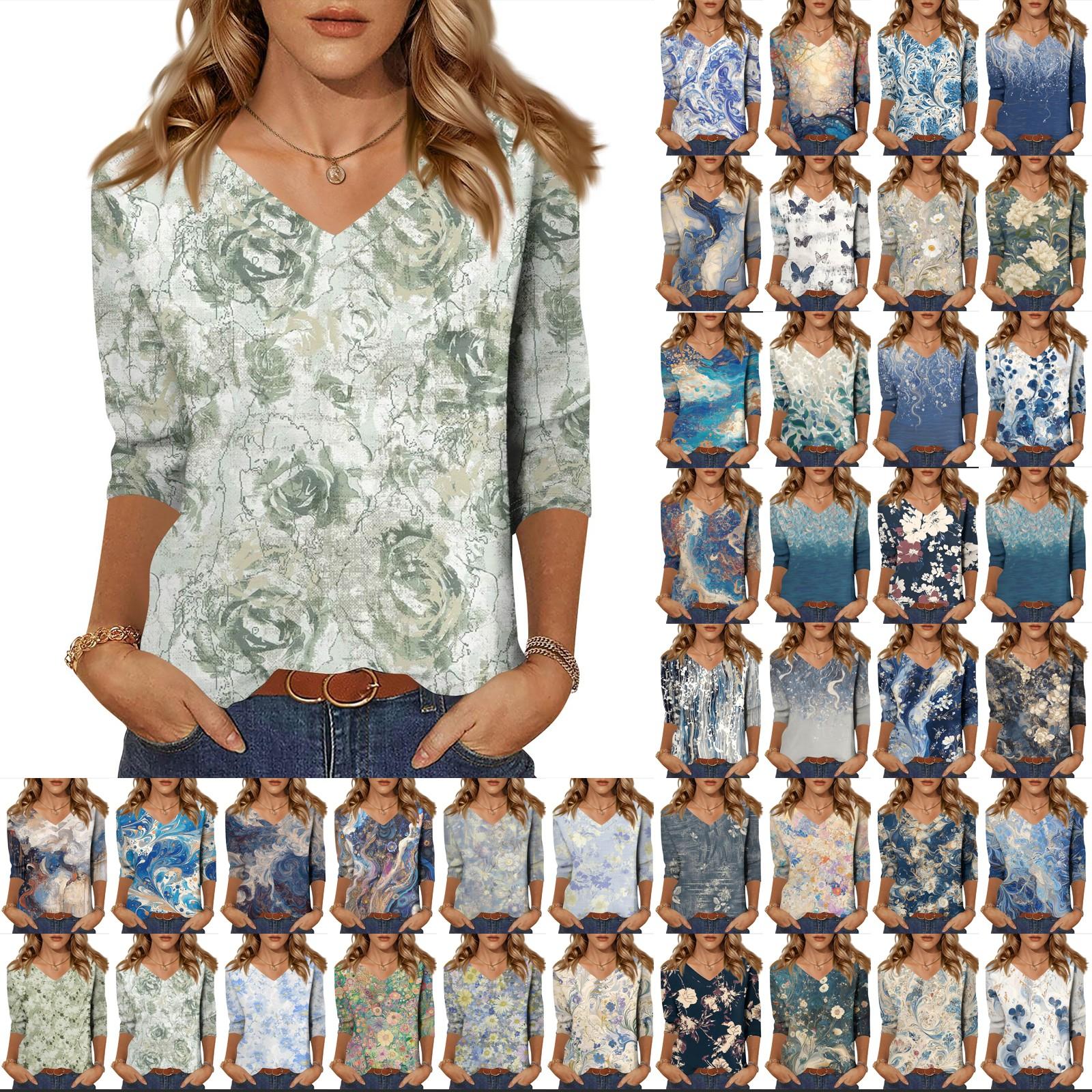 

Женские топы Рубашка с рукавом три четверти V-образный вырез Свободная повседневная рубашка Футболка с принтом XXL