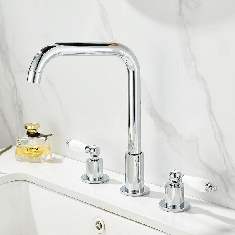 Tuqiu Gold Bathroom Faucet Brass Widespread Basin Faucet Brass Sink Faucet 3 Hole Double Handle Hot & Cold Wash Faucet Water Tap