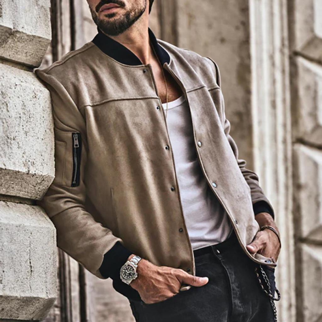 Men's Casual Stand-up Collar Colorblock Skirt Pocket Button Cardigan Jacket