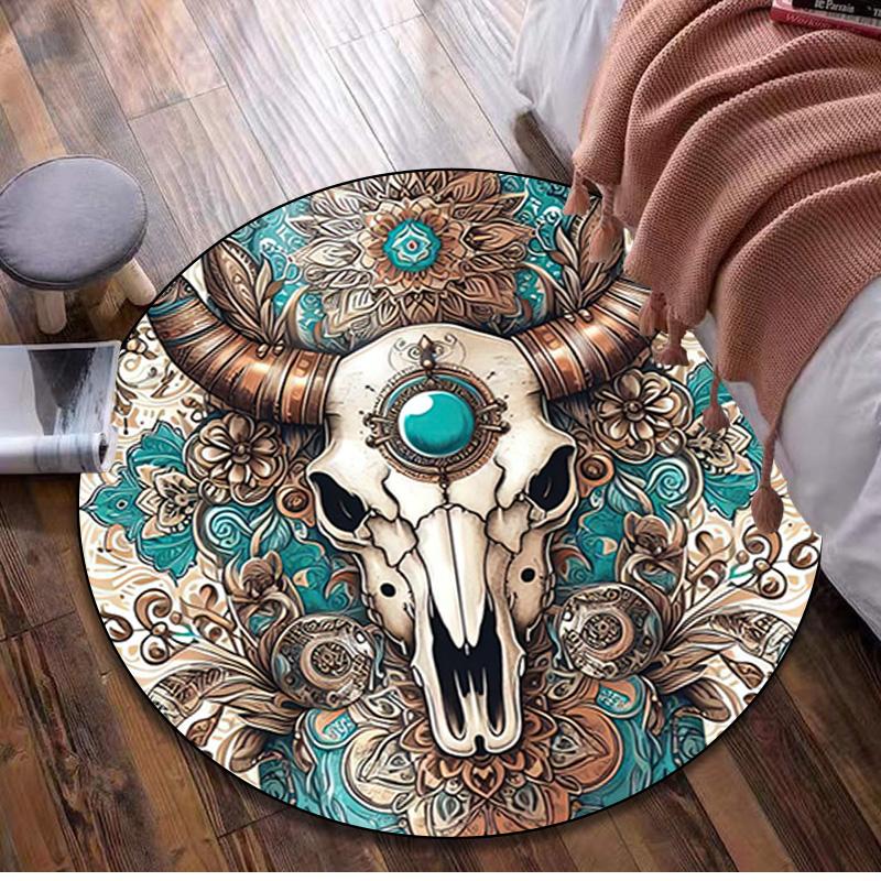 Cow Skull Circular Rug - Office Decorative Carpet For Living Room Bedroom Door Mat Floor Rug Computer Chair Area Rug
