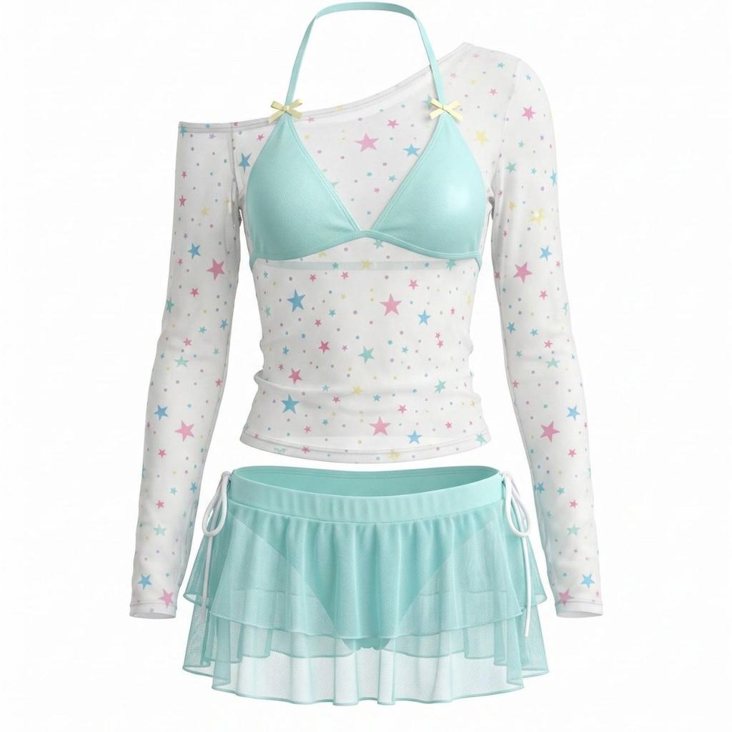 New Bikini Swimsuit Women's Split Four-piece Mesh Blouse Seaside Vacation Hot Spring Meat-covered and Thin Swimsuit