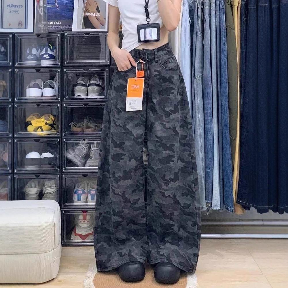 Women s Retro High-Waisted Camouflage Wide-Leg Jeans - Slimming Summer Workwear Pants L серый/камуфляжный