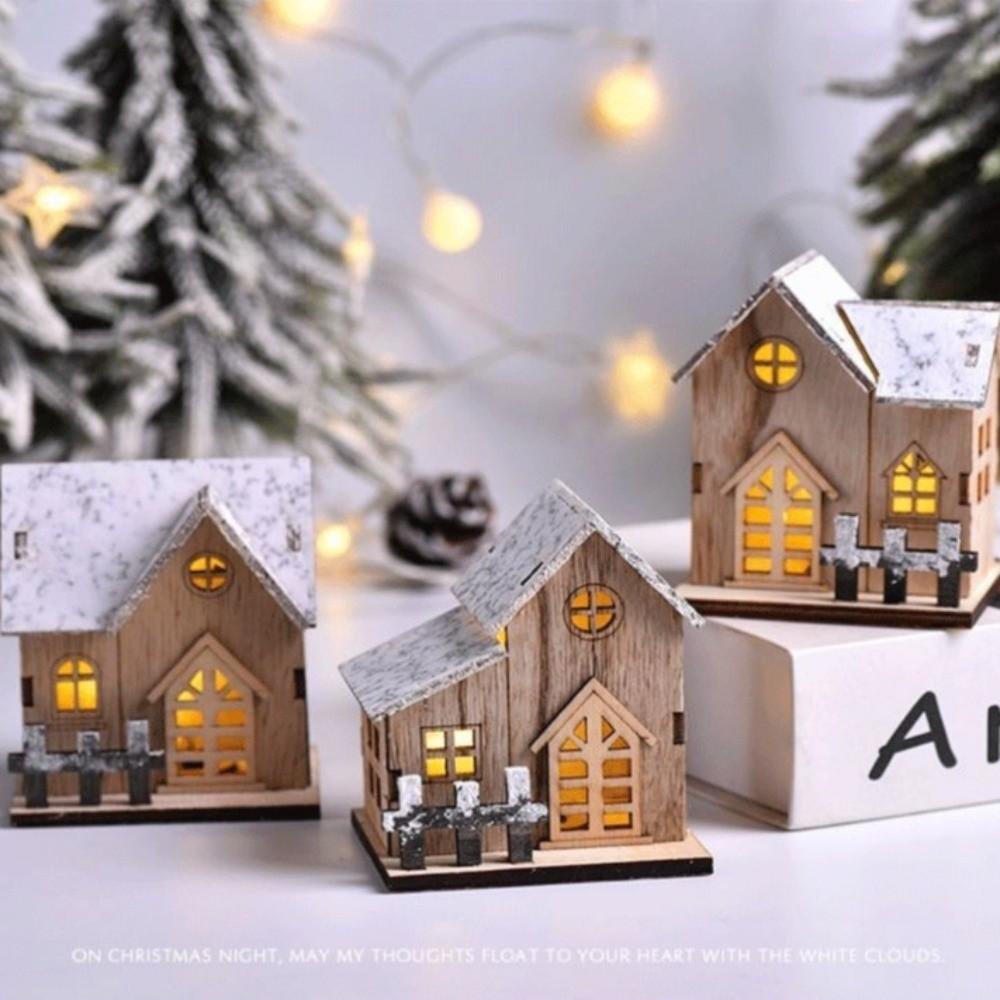 Vintage DIY Xmas Wooden House Glowing Castle Mini Christmas LED Light Xmas Ornaments Home Decoration