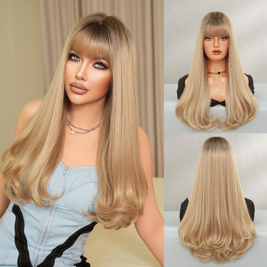 High Quality Copper Brown Wavy Wig Women With Long Curly Hair Full Head Round Face Internet Famous Bangs Fluffy Top Set