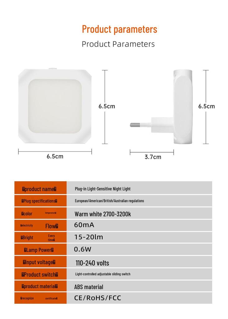 Warm White Plug-in LED Night Light with Light Sensor & Stepless Dimming (110-240V, EU/UK/AU)