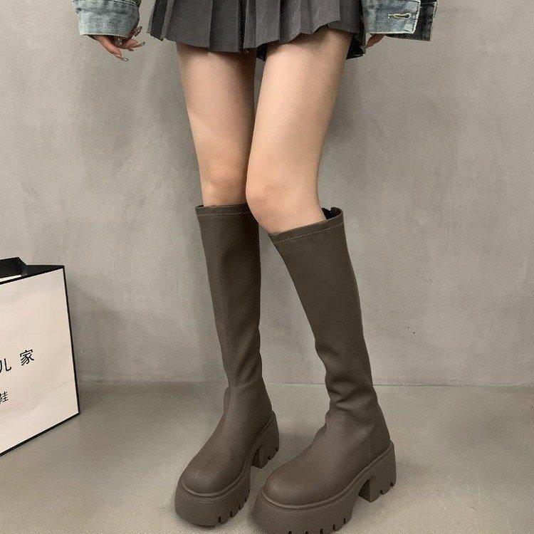 Fashion 2025 New New Round Head Thick Sole Retro Heightening Mid-calf Boots with Velvet Warm and Comfortable Fashion Show Boots