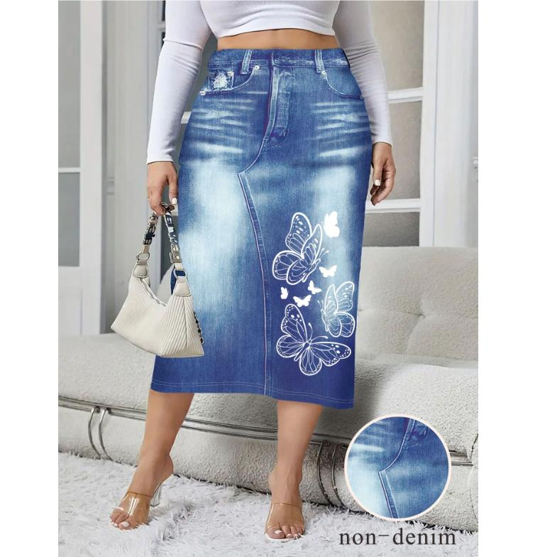 Women's Spring Autumn Elegant Modest Plus Size Skirts Fashion Women Silm Fit Dress Imitation Denim Print Bag Hip Skirt