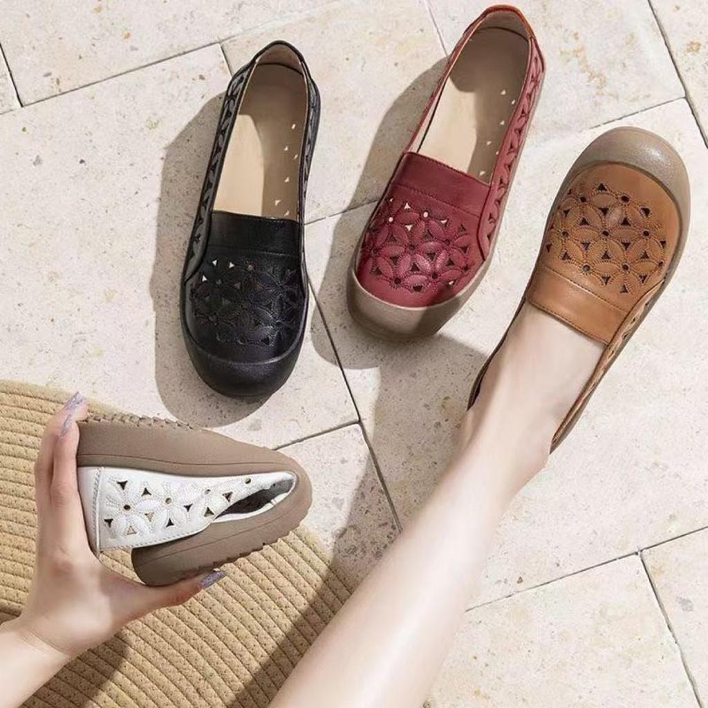 Women's Shoes 2025 Summer New Soft-soled Leather Lazy Shoes One-pedal Flat-soled Hollow Single Shoes Mother Maternity Women's Shoes