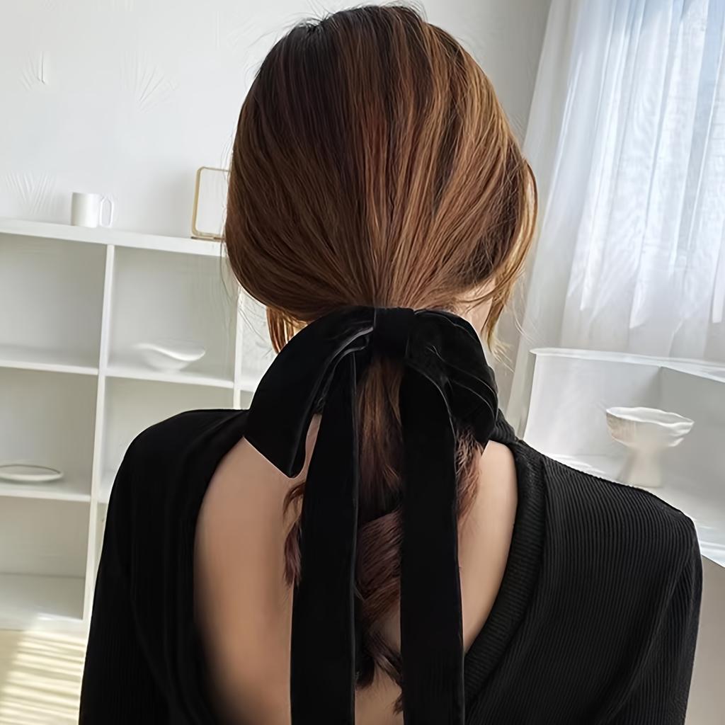 Elegant Velvet Hair Tie with Bow, Vintage Solid Color High Elasticity Hair Ring, Fashionable Leather Band Headband for Women