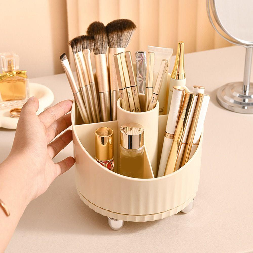 Beige Spinning Makeup Brush Holder Large Capacity Makeup Brush Storage Box for Home