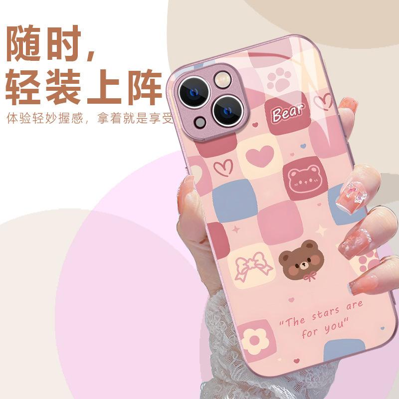 Summer New Product Isn't the Wind Gentle Powder Grid Bear Mobile Phone Case iPhone15 Lens All-inclusive Glass Apple 17Pro