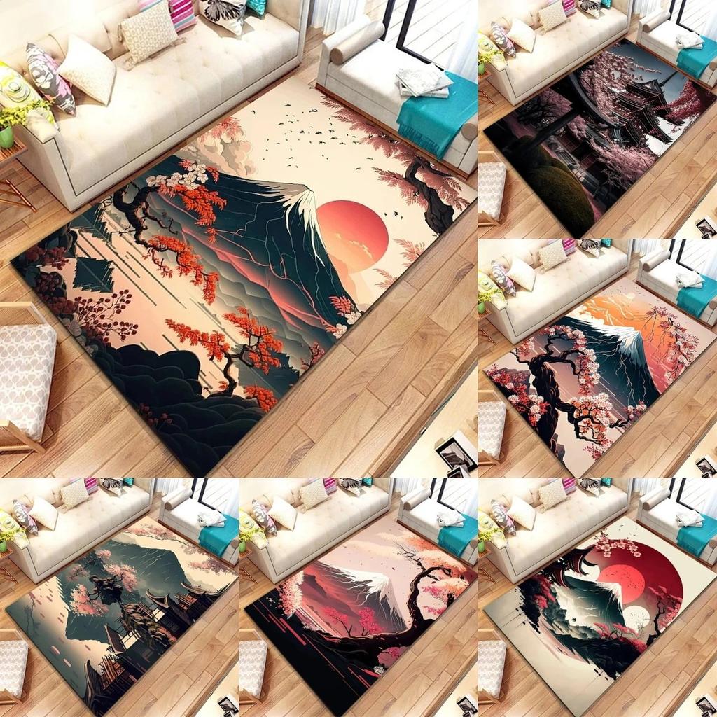 Japanese Landscape Print Rug with Cherry Blossom & Fuji Mountain for Bedroom and Sofa Entryway Decor