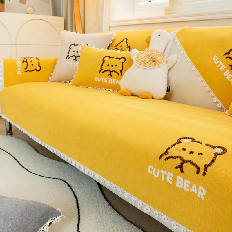 Capa de sofá moderna de urso fofo, renda branca com margaridas, almofadas antiderrapantes para sala de estar, capa de sofá universal para quatro estações, toalha