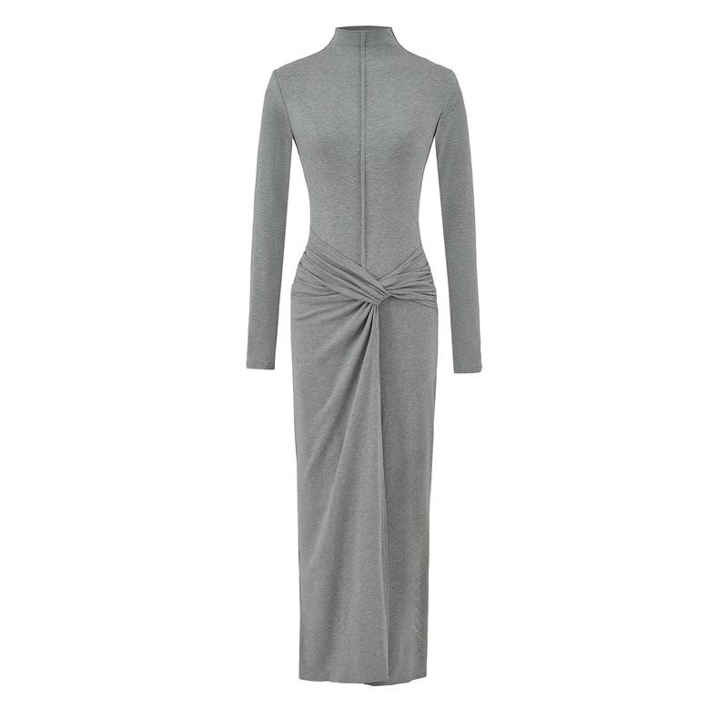 

Elegant High-Neck Long-Sleeve Dress for Women, Autumn/Winter, Waist-Cinching, Hip-Hugging with Twisted Design S светло-серый