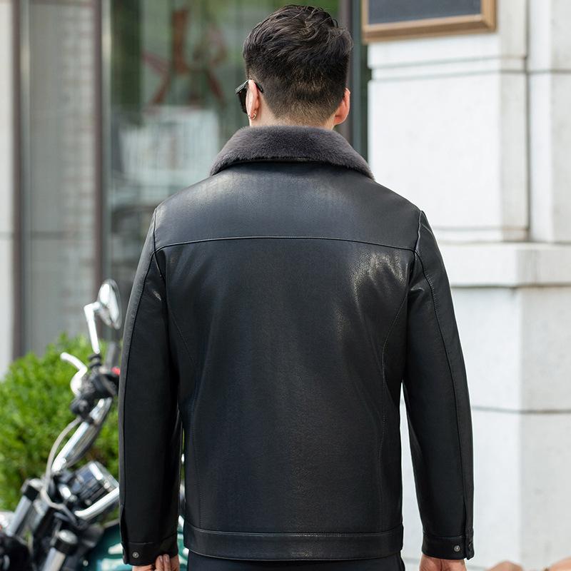Middle-aged and Elderly Men's Genuine Leather Jackets, Middle-aged and Casual Thickened Fur Integrated Lapel Thickened Jackets for Winter