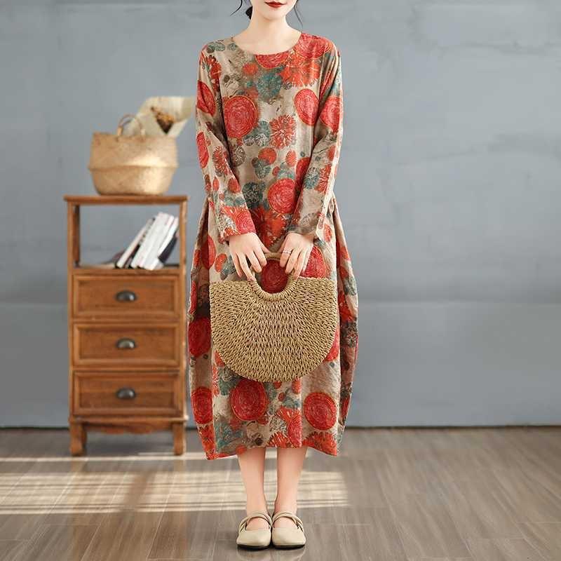 New Retro Printed Round Neck Loose Plus Size Long Dresses