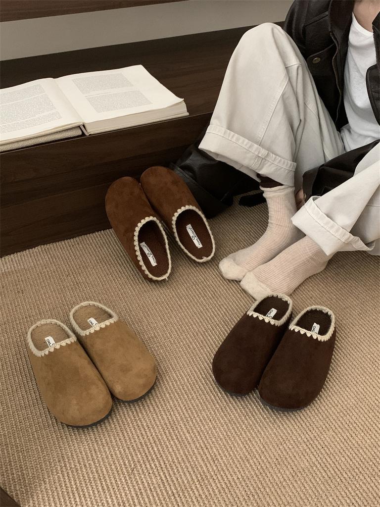 Velvet Lace Edge Birkenstocks, Bag Head, Half-drag Women's Outer Wear 2025 Autumn New Lazy Drag Flat Cotton Shoes, Slippers