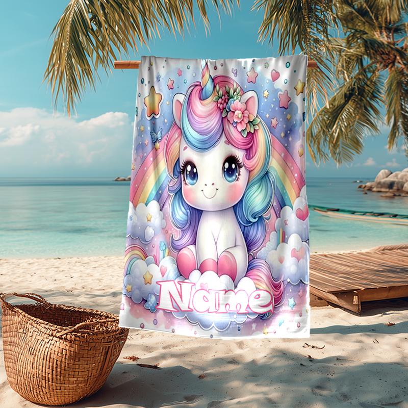 Custom Name Ultra-Soft Beach Towel with Unicorn Theme,Ideal for Pool - Camping, Diving - Perfect Travel Essential, Vibrant Beach Towel.