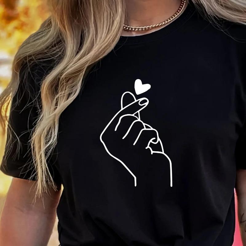 

Cute Print Solid Crew Neck T-Shirt, Short Sleeve Casual Every Day Top For All Season, Women s Clothing S чорний