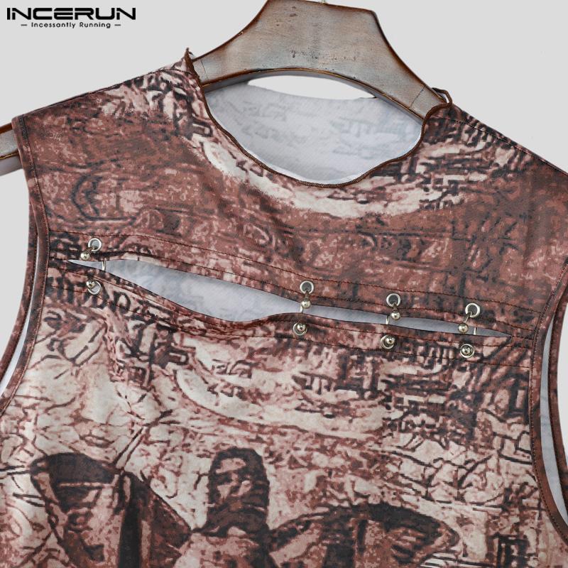 INCERUN Men Round Neck Sleeveless Print Casual Fitted Cropped Tank Tops