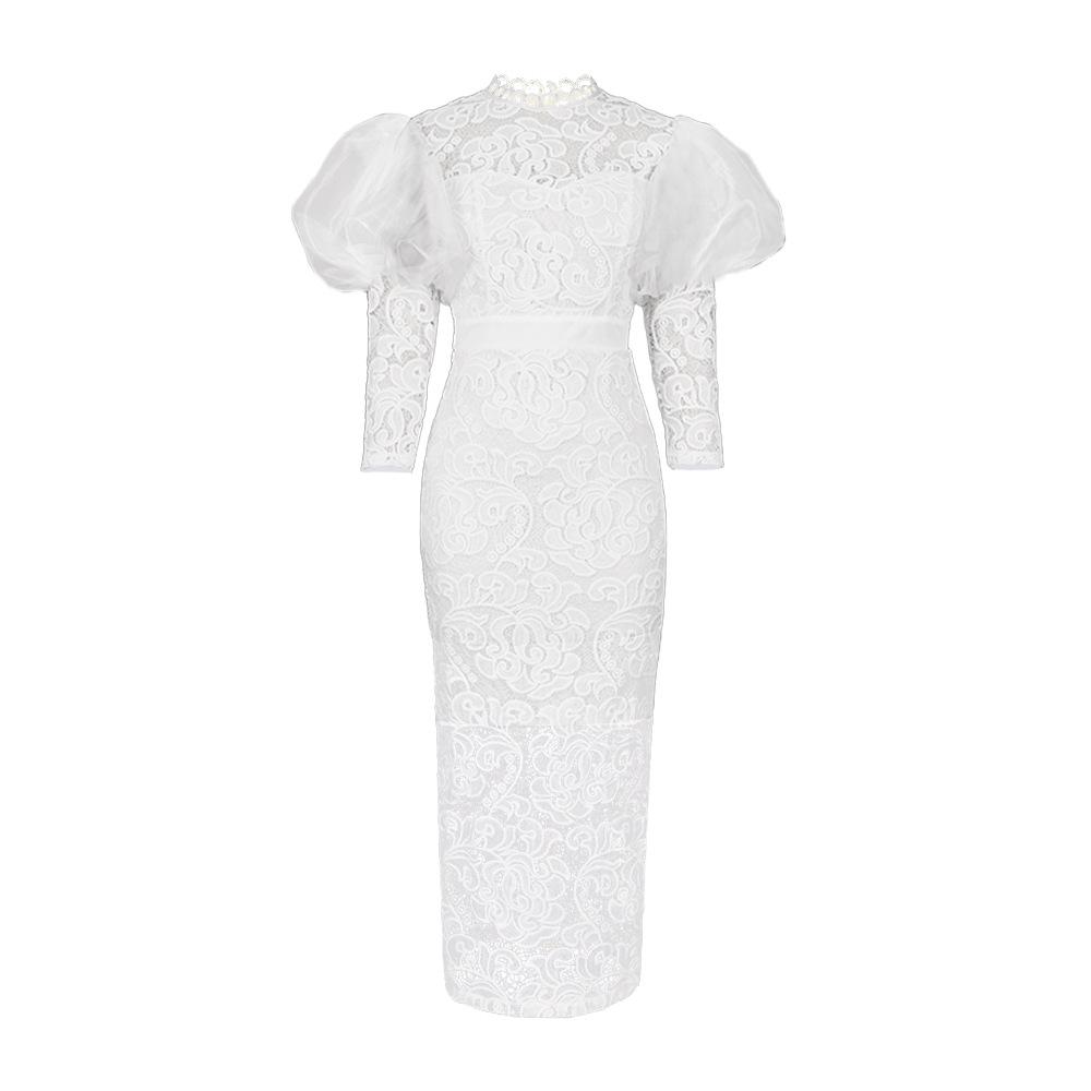Plus Size Women's See-through Lace Patchwork Puff Sleeve Dress, Round Neck, Cinched Waist, Mid-length.