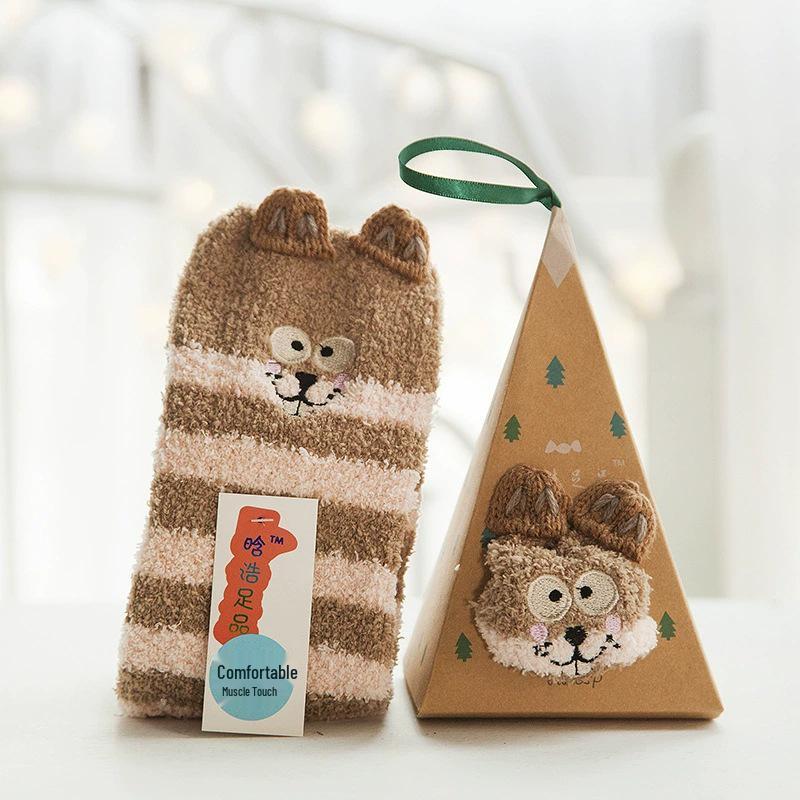 Japanese Christmas Cartoon Socks: Cozy Coral Fleece with 3D Embroidery for Women