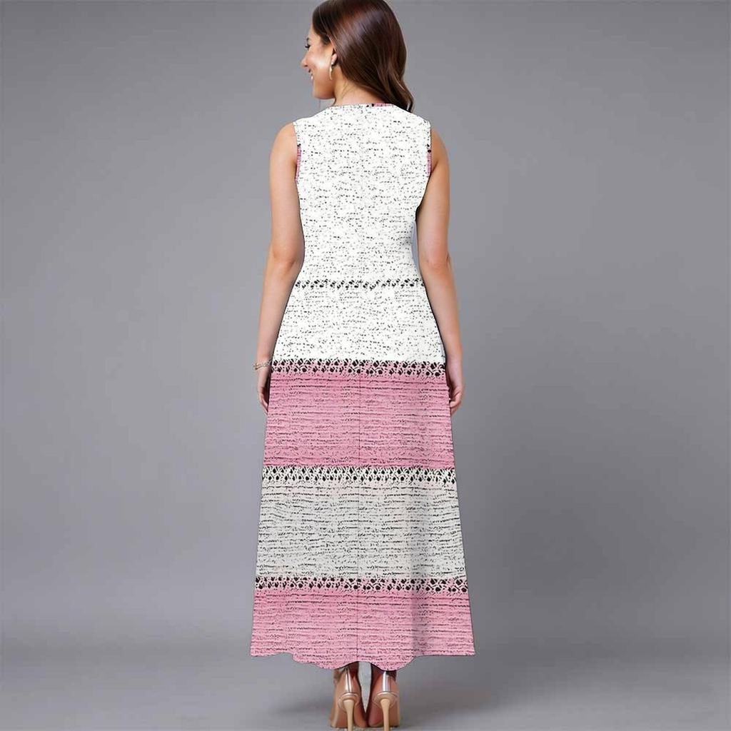 Oversized Ladies Sleeveless Crew Neck Dress Graceful Scattered Floral Loose Calf Length Gown