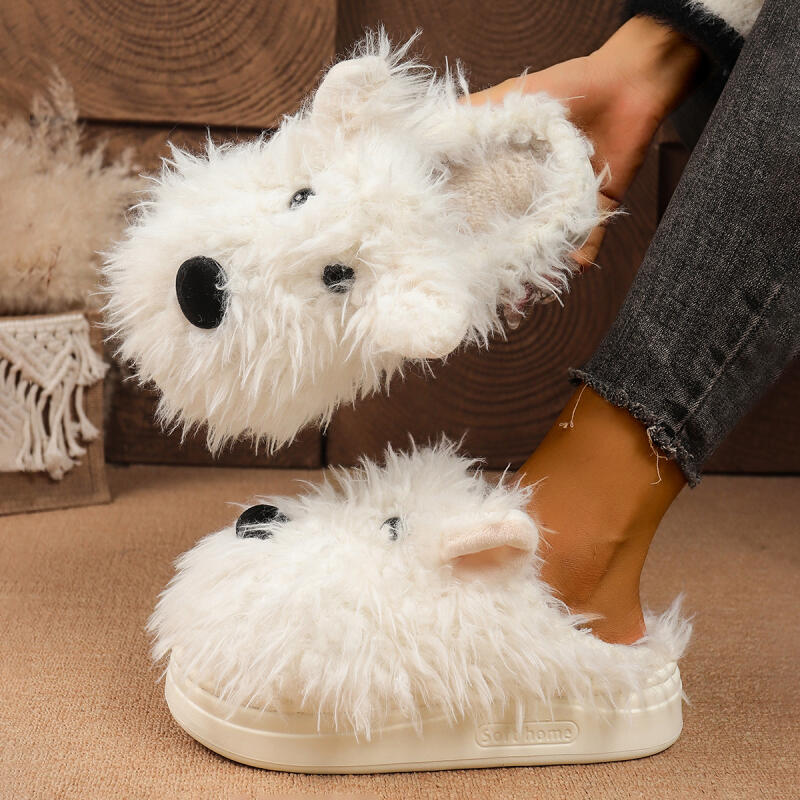 Cartoon Puppy Pluizige Bont Binnenslippers Dames Winter Dikke Bodem Bontzachte Mules Slippers Warm Pluche Huispantoffels voor Dames
