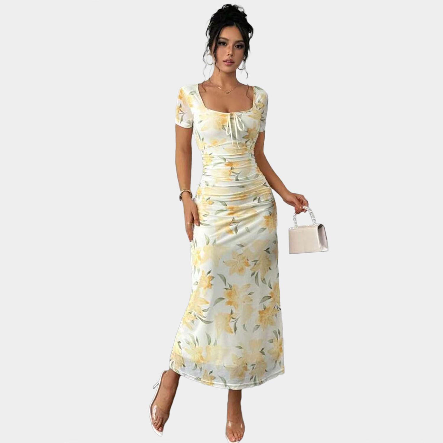 

Женское цветочное облегающее платье на тонких бретельках Extra Large светло-желтого