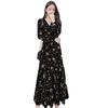 Korean version of floral V-neck dress women's French autumn new long-sleeved thin Platycodon medium and long A-shaped long dress