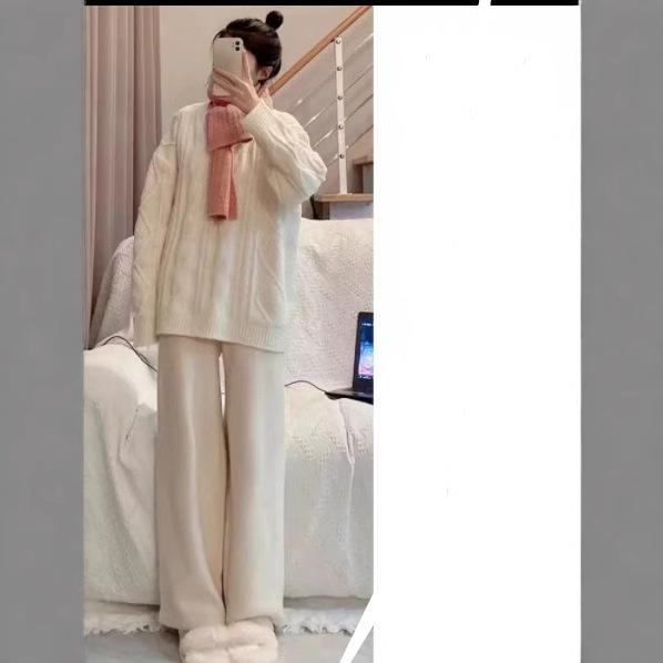 Petite Plus Velvet Corduroy Wide-Leg Pants for Women - High Waist, Loose Fit, Autumn/Winter.