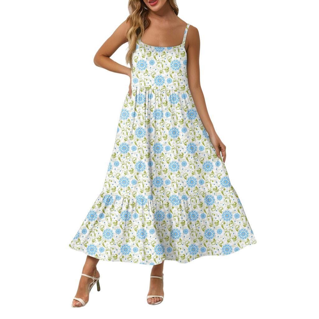 Kvinners Lang Strand Casual Elegant Spaghettistropp Maxi Kjole Søm Lavmælt Flytende Bohemsk Kjole