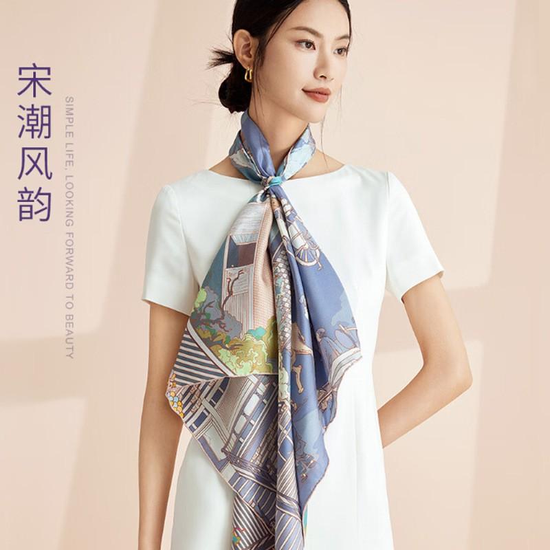 100% Mulberry Silk Square Scarf Double-sided Print Light Luxury Shawl Women Mom Fashion Accessory