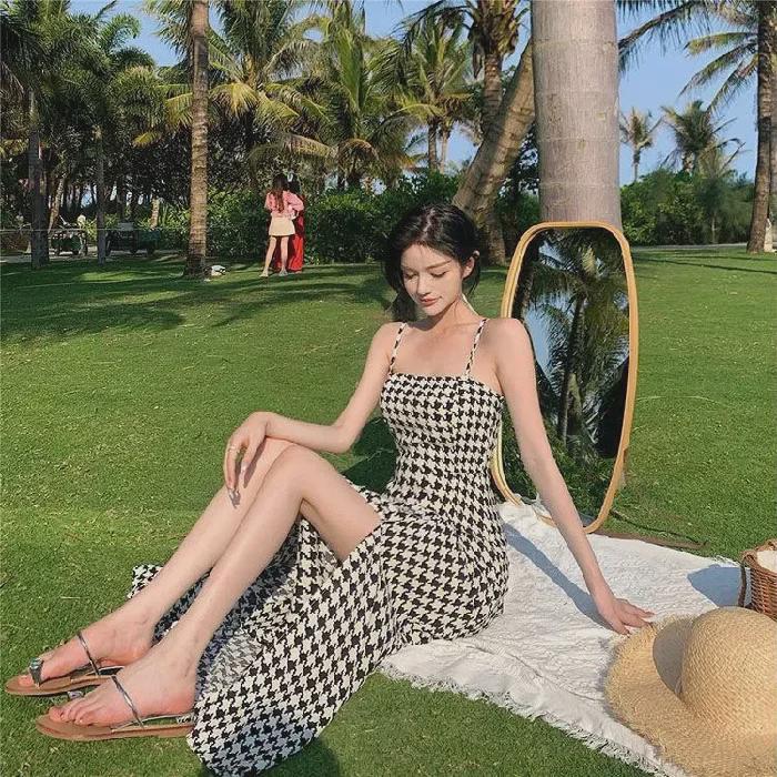 

Женское платье с подтяжками в ломаную клетку - весна/лето 2024, новый стиль, тонкая талия, элегантная длинная юбка с разрезом M