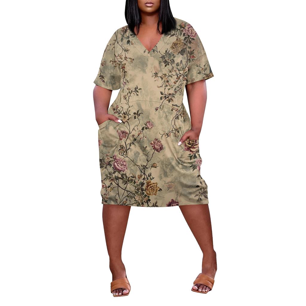 Summer Plus Size V Neck Short Sleeve Knee Pocket Print Casual Dress For Women
