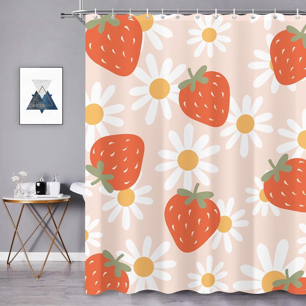 1pc Strawberry Print Waterproof Shower Partition Privacy Hanging Curtain with 12 Hooks, Multiple Sizes, Machine Washable