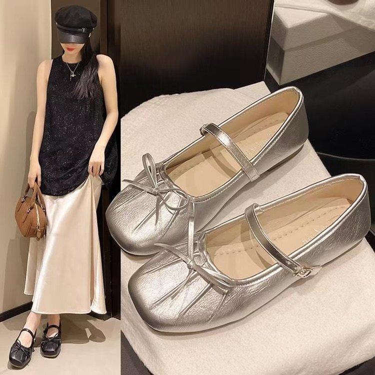Bow Inner Height Increase Ballet Single Shoes Women's Summer 2025 New Soft Sole Word with Shallow Mouth Evening Mary Jane Shoes