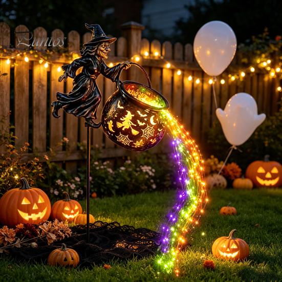 Landscape Decor for Windowsill Halloween Witch Garden Stake Light Outdoor Decoration, 33.5 Inch Waterfall-Style Metal Lighting Lawn Cauldron Ornament,