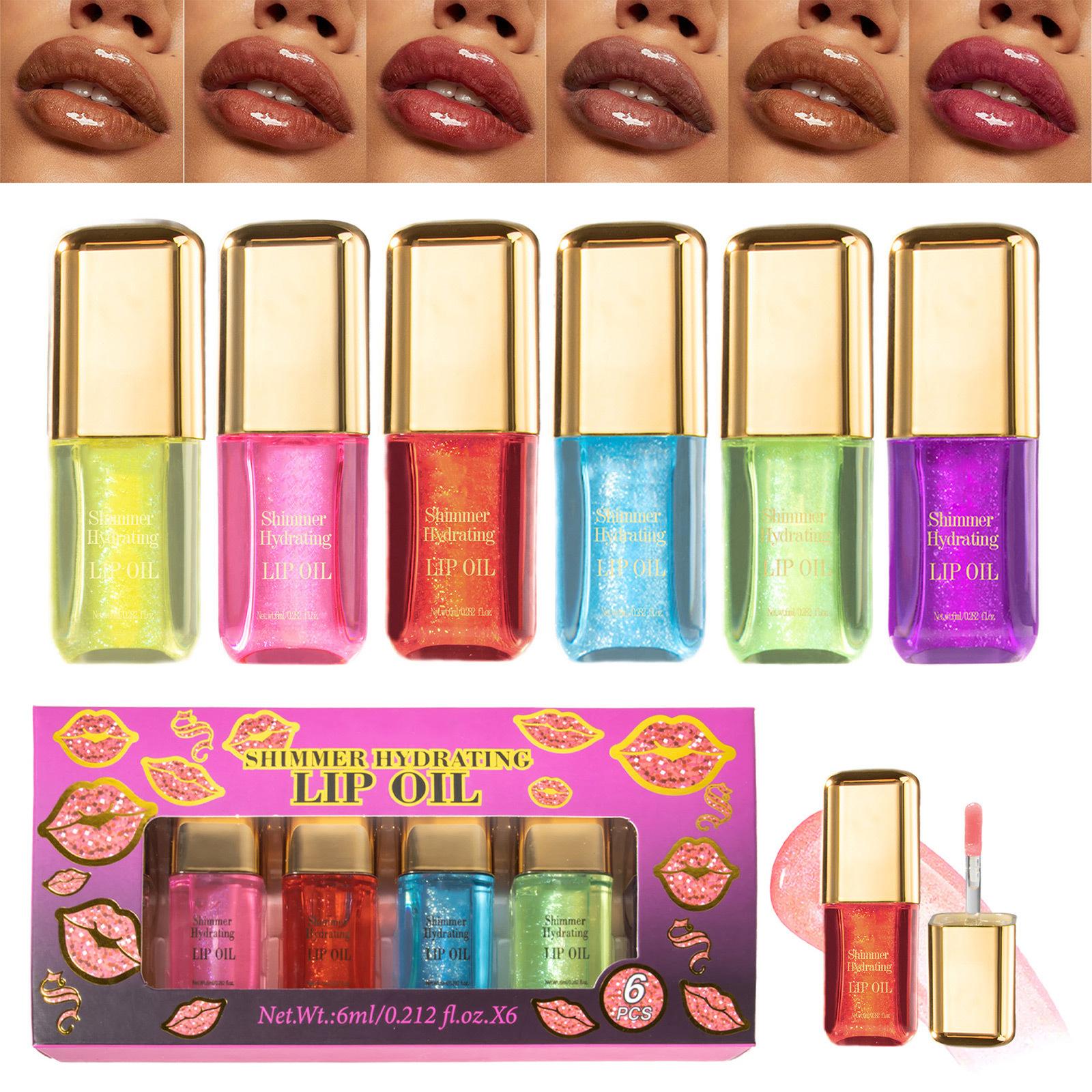 

6ml*6 Pack Tinted Lip Oil with Shimmer, Hydrating & Glossy, Non-sticky Formula, All-day Shine plus Nourishment, Ideal for Lipstick Layering One Size