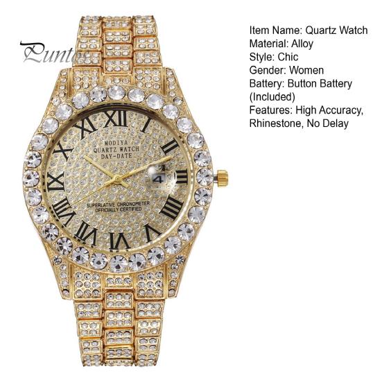 Rhinestone Men Watch Ladies Quartz Round Dial Alloy Decor Roman Umber Calendar Movement No Delay Time-checking High Accuracy Wristwatch Business