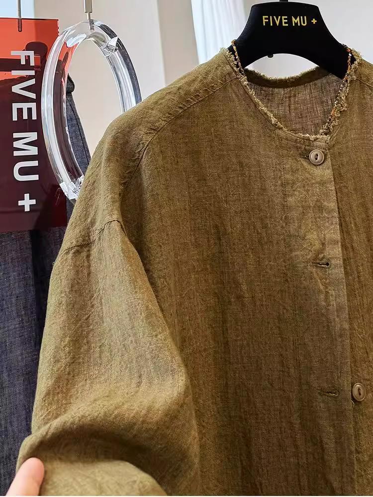 Unisex Plus Size Retro Linen Frayed Edge Shirt - Loose Casual Autumn Outerwear