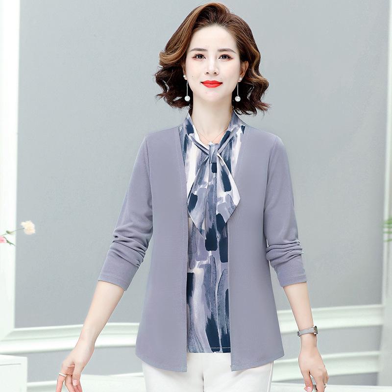 Mom s Chic Spring Two-Piece Look Long-Sleeve T-shirt: 2026 Style for Middle-Aged Women 3XL (120-135 jin) серый