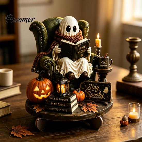 Fall Fireplace Decorations Halloween Reading Ghost Figurine, Wooden Desktop Ornaments, Vintage Spooky Shelf Accents Statue with Stand for Home