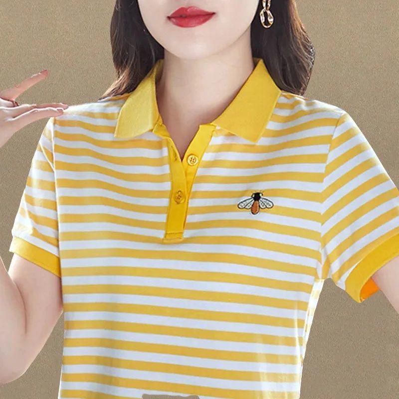 Korean Women Short Sleeve Stripe Polo Shirts Summer New Fashion Pattern Casual T-Shirt All-match Lapel Pullover Big Size Tops