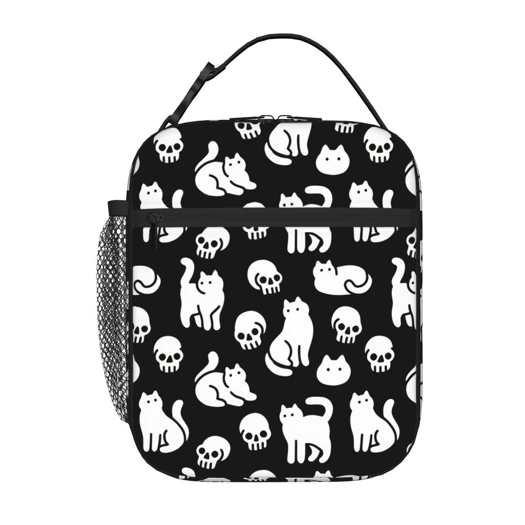 1 Piece Portable Lunch Container Cats and Skulls Pattern Zipper Closure Durable Pocket Skull For Lunch Lunch Box Bag