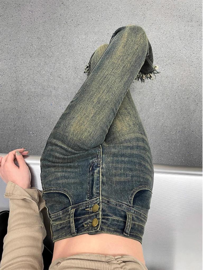 Women's High-Waisted American Gray Micro-Flare Jeans with Tassels and Bell Bottoms – Slimming Spring and Autumn Design.