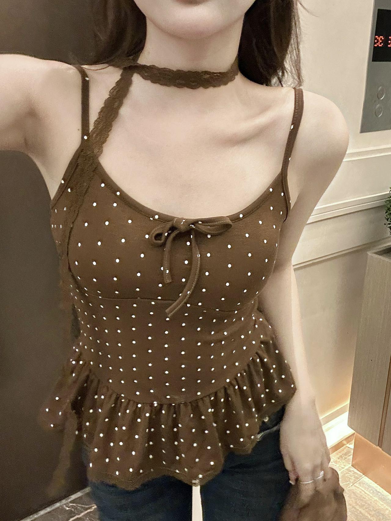

Sweet Polka Dot Lace-Up Spaghetti Strap Bow Tank Top for Women One Size коричневий