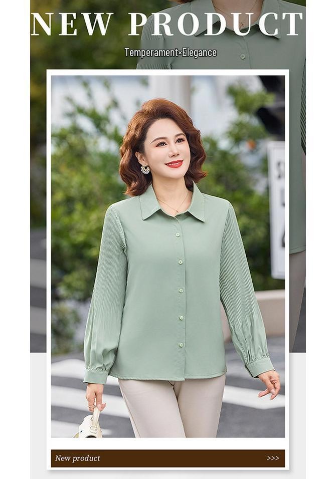 Chic Loose Long-Sleeved Lapel Top for Middle-Aged Women, Plus Size, Lightweight Spring/Summer Shirt