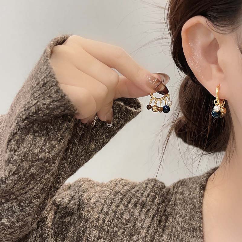 Vintage Natural Stone Colored Round Beads Pendant Gold Earrings Trendy Jewelry Unusual Ear Accessories for Women