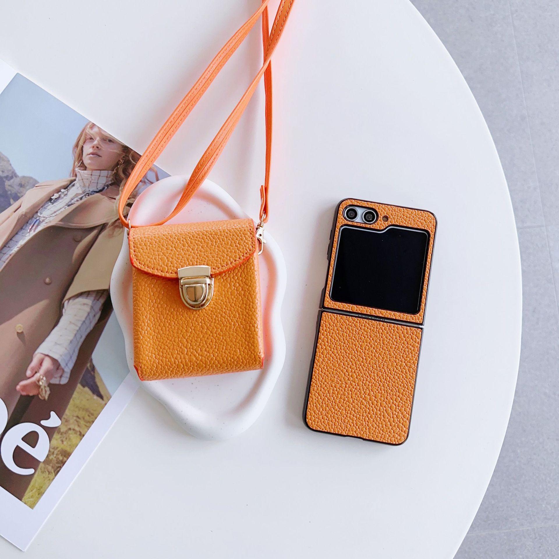 

Luxury Leather Crossbody Strap Bag Case for Samsung Galaxy Z Flip 6 5G Flip 3/4/5 Solid Color Litchi Pattern Protective Cover ZFlip6 помаранчевий